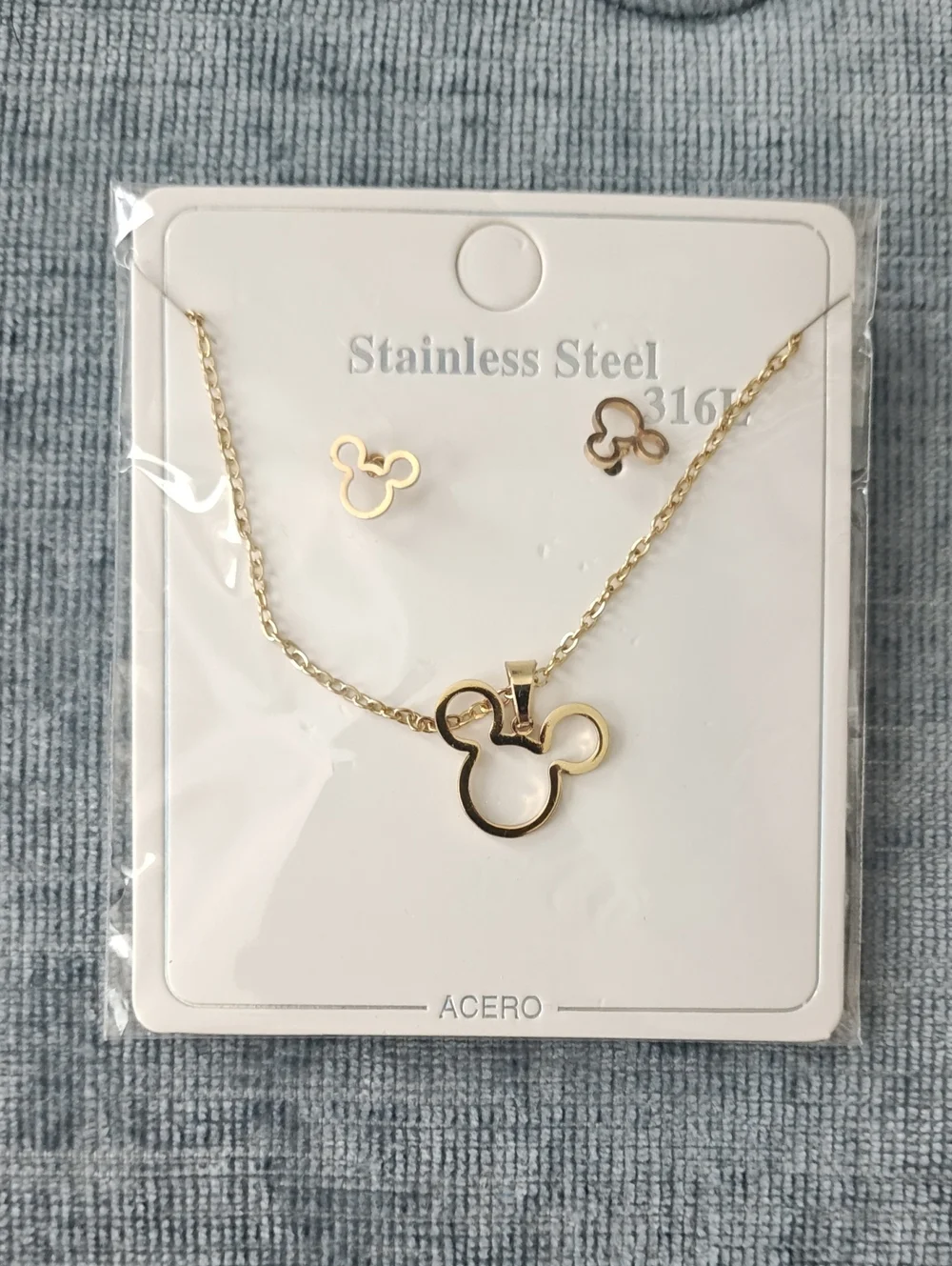 Gold Kids Stainless Steel Mouse Pendant Necklace and Stud Earrings Set
